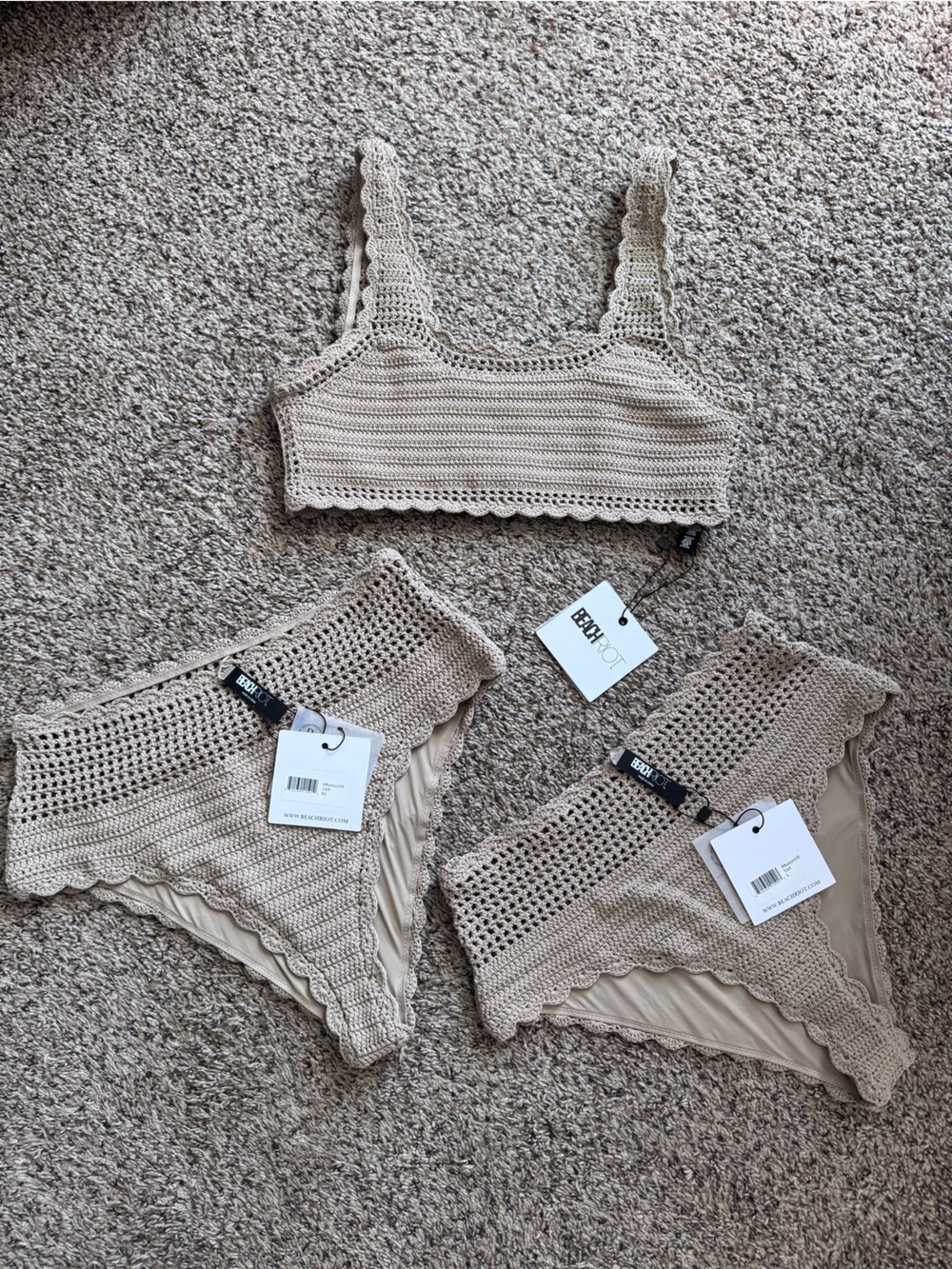 Beach Riot  XL Beige Crochet Bikini Top with XL & L High-Waist Bottoms.